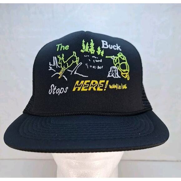 Vintage Funny Hunting Trucker Hat Cap Mesh Snapback Black "The Buck Stops Here!" - Picture 1 of 8